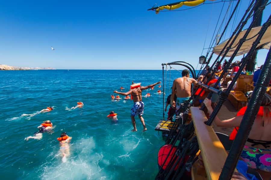 Cabo San Lucas: Pirate Cruise with Snorkel Treasure Hunt - A pirate ship with a real Cabo backdrop