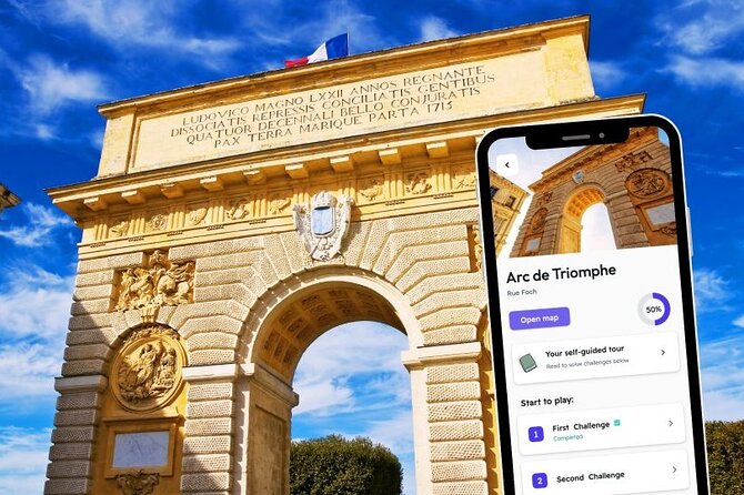 Montpellier City Exploration Game and Tour on your Phone - The Arc de Triomphe marks the uphill approach